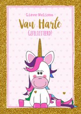 Verjaardag trendy gouden glitter kaart met vrolijke Unicorn 