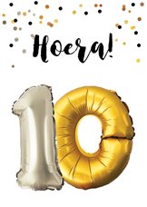 Verjaardagskaart 10 jaar goud zilver ballonnen