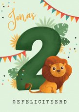 Verjaardagskaart 2 jaar jungle leeuw slingers confetti