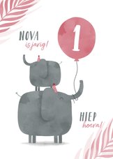 Verjaardagskaart 2 olifantjes met ballon en leeftijd jungle