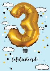 Verjaardagskaart 3 jaar luchtballon goud kleurig