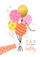 Verjaardagskaart arm ballonnen oranje roze goud