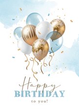 Verjaardagskaart birthday ballonnen goud blauw confetti