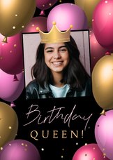 Verjaardagskaart birthday queen eigen foto met gouden kroon