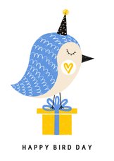 Verjaardagskaart blauwe vogel met kado