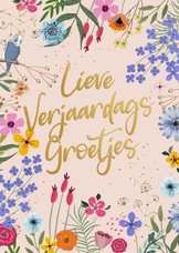 Verjaardagskaart bloemen en goudlook