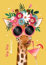 Verjaardagskaart bloemen giraf cocktail sip sip hooray!