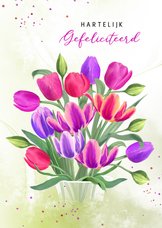 Verjaardagskaart boeket rood-paarse tulpen