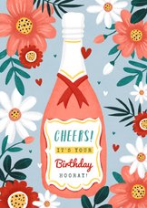 Verjaardagskaart champagne wijn bloemen hartjes