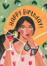 Verjaardagskaart cheers cocktail en zonnebril vrouw