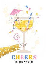 Verjaardagskaart cheers cocktail geel goud roze blauw