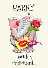 Verjaardagskaart dikke kus voor de jarige olifant met roos