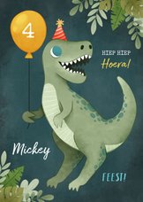 Verjaardagskaart dinosaurus, ballon, plantjes en feesthoedje