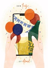 Verjaardagskaart feestje op afstand telefoon met confetti