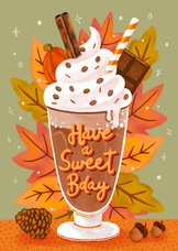 Verjaardagskaart felicitatie chocolademelk herfst bladeren 