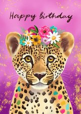 Verjaardagskaart felicitatie luipaard met bloemen