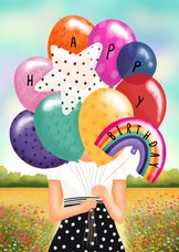 Verjaardagskaart felicitatie vrouw met ballonnen
