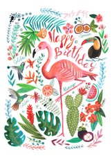 Verjaardagskaart flamingo en toucan in tropische jungle