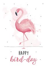 Verjaardagskaart happy bird-day met roze flamingo 