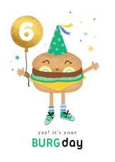 Verjaardagskaart happy hamburger feestmuts groen ballon