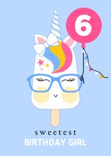 Verjaardagskaart happy unicorn ijsje blauw ballon roze