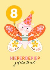 Verjaardagskaart happy vlinder feestmuts geel oranje roze