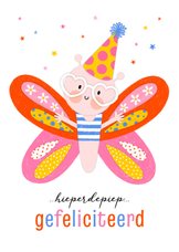Verjaardagskaart happy vlinder feestmuts roze rood blauw