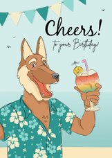 Verjaardagskaart humor hond met cocktail in hawaii shirt