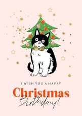 Verjaardagskaart illustratie kerstboom kat sterren goud