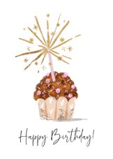 Verjaardagskaart illustratie muffin kaars sterren goudlook