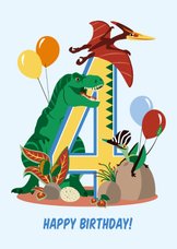 Verjaardagskaart jongen 4 jaar met dinosaurussen