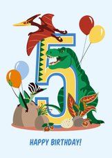 Verjaardagskaart jongen 5 jaar met dinosaurussen