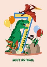 Verjaardagskaart jongen 7 jaar met dinosaurussen
