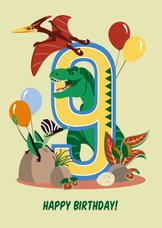 Verjaardagskaart jongen 9 jaar met dinosaurussen