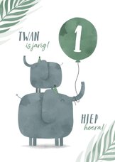 Verjaardagskaart jungle 2 olifantjes met ballon en leeftijd