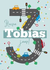 Verjaardagskaart kind 3 jaar auto voertuigen weg confetti