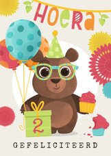 Verjaardagskaart kind beer feestje humor ballonnen cupcakes