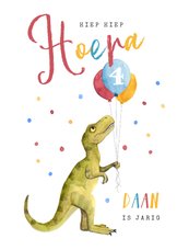 Verjaardagskaart kind dinosaurus ballonnen confetti kleuren
