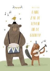 Verjaardagskaart kind met muziek dieren en lang zal je leven