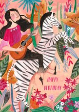 Verjaardagskaart meisje met gitaar op zebra met bloemen