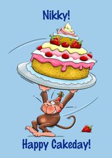 Verjaardagskaart met aapje en hele grote taart