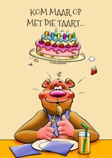 Verjaardagskaart met beer en vallende taart