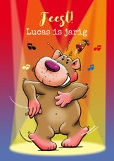 Verjaardagskaart met beer in fel-gekleurde schijnwerpers
