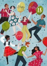 Verjaardagskaart met dansende mensen en ballonnen