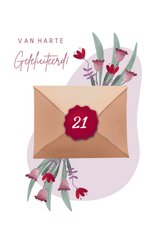 Verjaardagskaart met envelop en bloemen voor 21-jarige