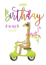 Verjaardagskaart met giraf op een scooter