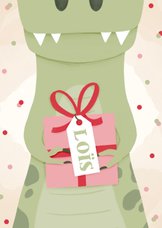 Verjaardagskaart met halve dinosaurus en cadeautje