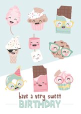 Verjaardagskaart met Illustraties van snoep, cake en ijs!