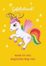 Verjaardagskaart met regenboog unicorn als felicitatie