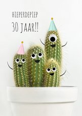 Verjaardagskaart met vrolijke cactussen met ogen en hoedjes